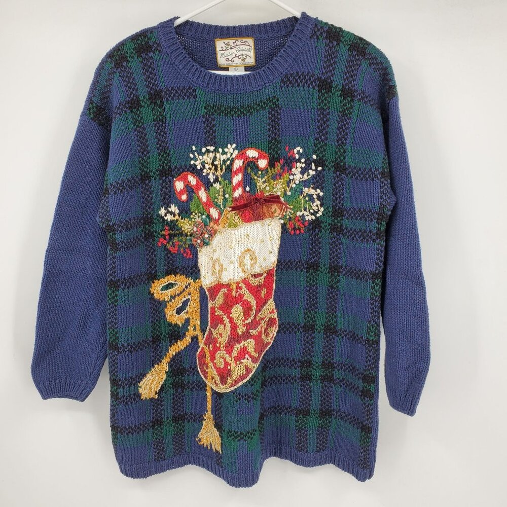Vintage Heirloom Blue‎ Green Plaid Beaded Nostalgic Stocking Christmas Sweater L